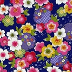 Japanese Chiyogami Paper - Colorful Flowers on Blue Background