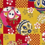 **NEW!** Chiyogami- Yusenshi Floral Temari Balls on Red & Gold Grid 19x25" Sheet