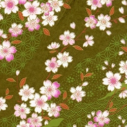 Japanese Chiyogami Paper - Orange, Pink, White Flowers with Leaves on Green, Gold