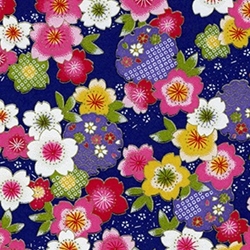 Japanese Chiyogami Paper - Colorful Flowers on Blue Background