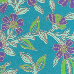 Printed Cotton Paper from India- Purple, Green, & Gold Floral on Turquoise 22x30 Inch Sheet