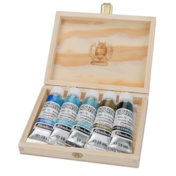 Schmincke Watercolor Supergranulating Colors- "Glacier" Set of Five 15ml Tubes in a Wooden Box