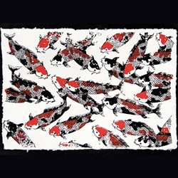 Thai Screenprinted Mulberry Paper- Red/Black Koi Fish on Heavy Natural