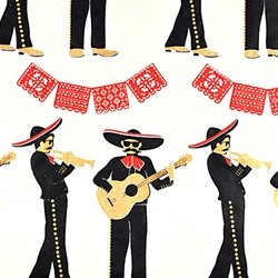 Mariachi Band with Gold Guitars and Metallic Red Papel Picado 21x29" Sheet