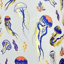 Jellyfish in Blue, Coral, and Gold Foil on Cream- 21x29" Sheet