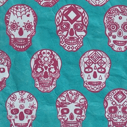 **NEW!** Nepalese Lokta- Pink and White Sugar Skulls on Turquoise 20x30" Sheet