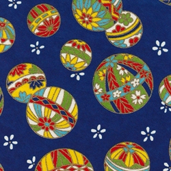 **NEW!** Chiyogami- Yusenshi Temari Balls on Blue with White Flowers 19x25" Sheet