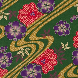 Japanese Yusenshi Purple and Red Flowers on Green Rivers 19x25" Sheet