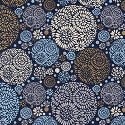 Printed Cotton Paper from India- Flower Balls in Cream, Gray, Blue & Gold on Navy 22x30 Sheet