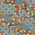 "NEW" Chiyogami- Cherry Blossoms over Lattice Fence on Blue 18"x24" Sheet