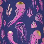 Jellyfish in Pink, Magenta, and Gold Foil on Deep Blue- 21x29" Sheet