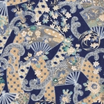 Japanese Yusenshi- Fans and Flowers on Blue 21x31" Sheet