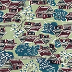 Katazome-shi Paper- Brown Village with Blue Trees 18x24" sheet