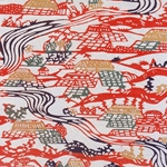 Katazome-Shi Paper- Red, Green, and Orange Village with River 18x24" sheet