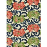 Katazome-Shi Paper- Large Green and Red Poppies with Indigo Scrolls Pattern 18x24" sheet